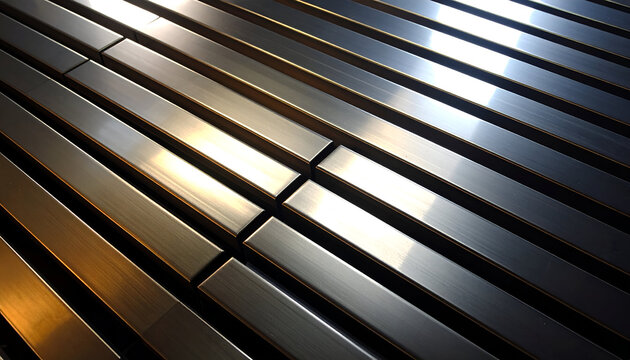 Angled close-up of parallel metal bars, reflecting light and creating a textured, metallic surface
