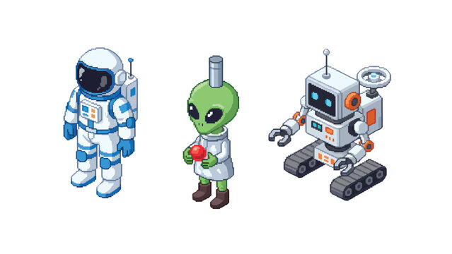 Isometric cartoon characters including an astronaut, an alien, and a robot on a white background.