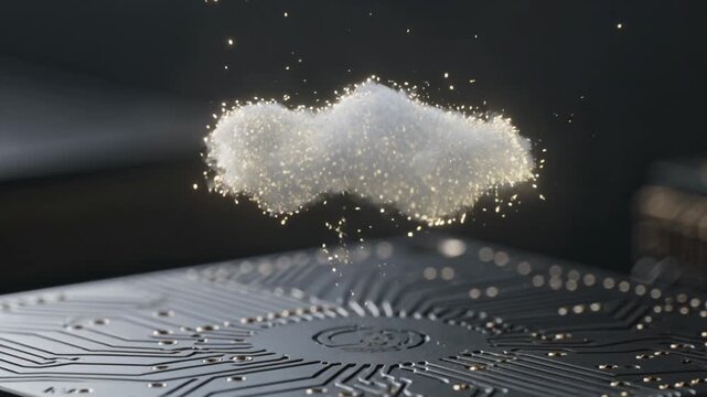 A digital cloud forms from glowing particles above a computer processor chip to represent cloud computing technology.