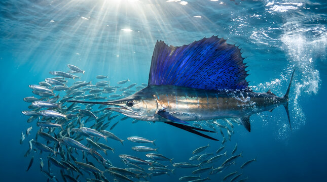 Action packed shot of a sailfish hunting a school of baitfish in open ocean