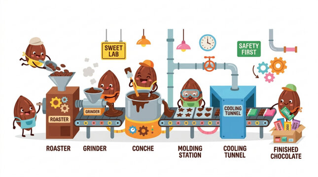 Chocolate production line with cartoon cocoa beans