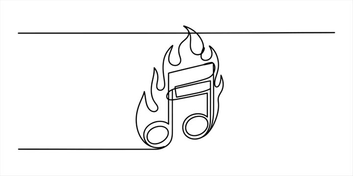Continuous single line drawing of a musical note with hot flames
