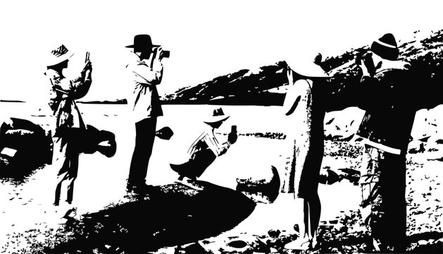 Hikers with cameras exploring scenic landscape, black and white, high contrast