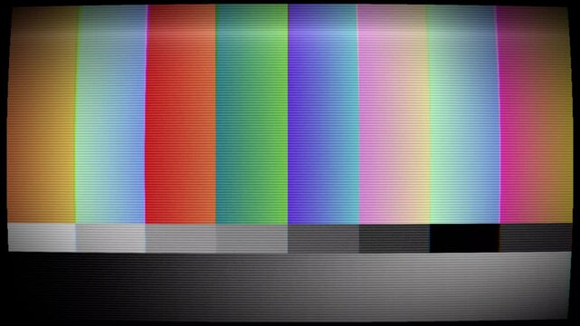Classic Television Test Pattern Displaying a Static Signal and Colorful Bars on a Retro Screen