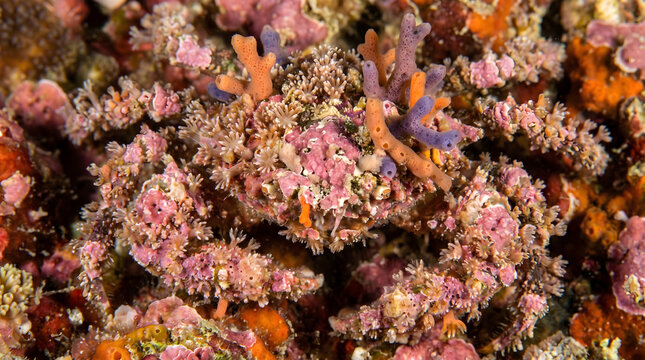 Extreme macro shot of a spiny spider crab camouflaged inside pink soft coral reef