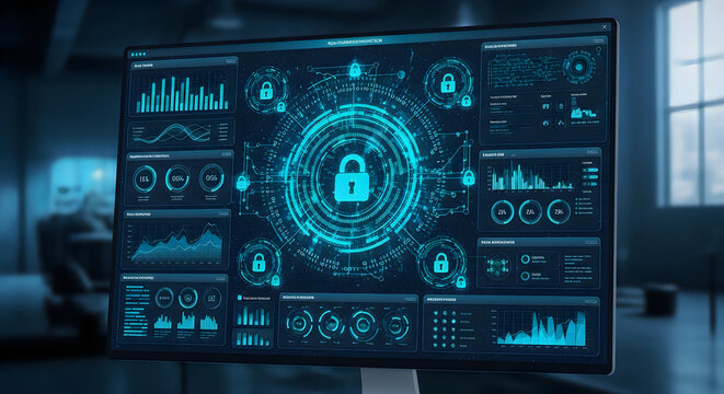 Cyber security dashboard display with digital lock icon data visualization charts and global network.