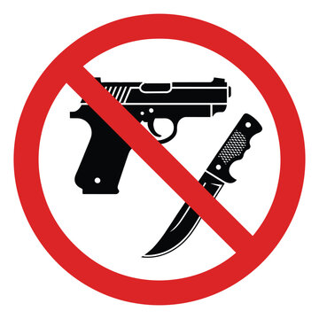 No Weapons Sign Vector Illustration with Gun and Knife Prohibition Symbol Security Restriction Notice Safety Regulation Warning Icon for Public Areas Workplace and Facility Access Control