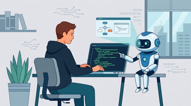 A young man coding on a laptop, collaborating with a small humanoid robot on a desk in a modern office setting with city views.