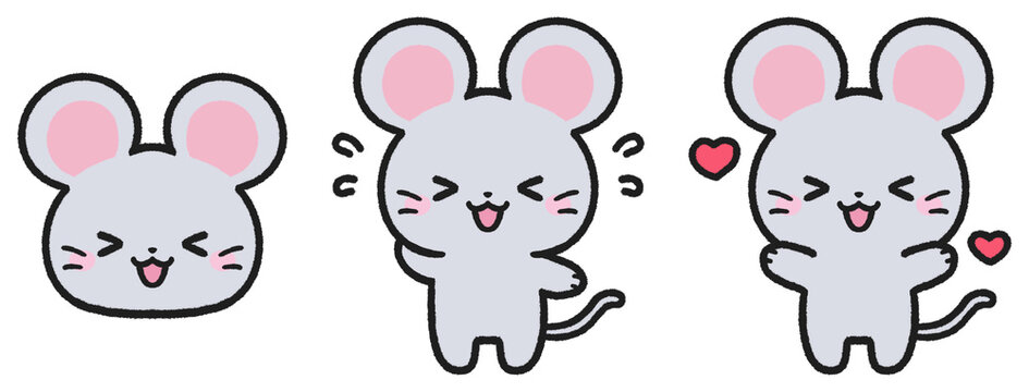 嬉しい、照れているネズミのイラストセット