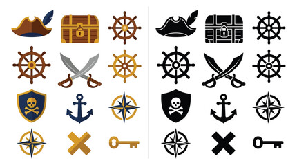Collection of pirate-themed icons including a hat, treasure chest, ship's wheel, swords, anchor, compass, and key. © Feldway