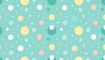 A whimsical seamless pattern of pastel-colored polka dots on a light blue-green background