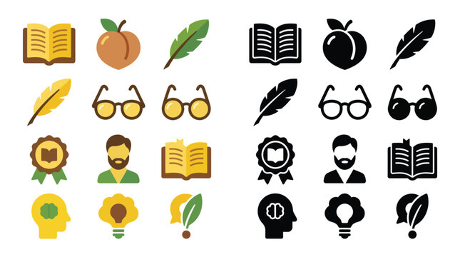 Collection of icons representing education, knowledge, and creativity, including books, feathers, glasses, and ideas.