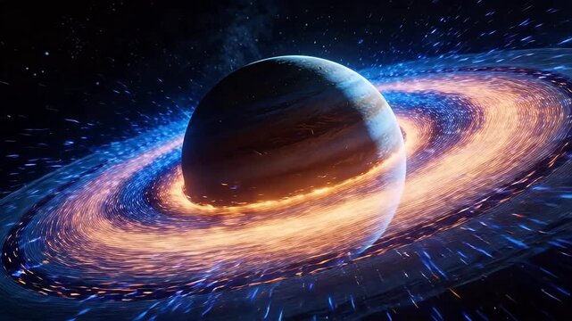 Giant celestial body surrounded by spiral glowing matter in deep starry space