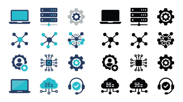 Collection of technology and network icons representing data, connectivity, and digital services.