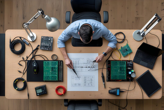 Professional electronics engineer working on technical blueprint design at desk with circuit boards.