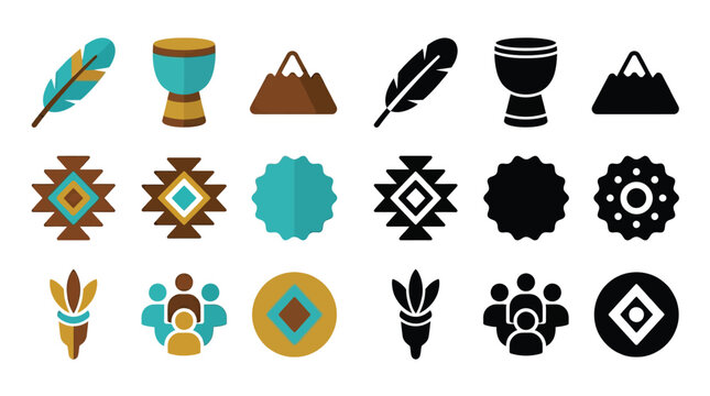 Collection of Native American inspired icons and symbols in flat design style.