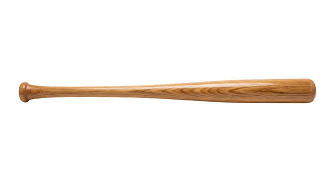 A wooden baseball bat with a natural wood grain pattern and a rounded handle, designed for hitting baseballs.