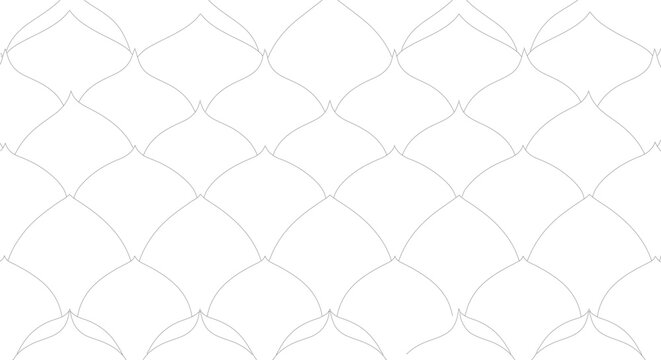 Minimalist abstract pattern with thin black line art outlines of repeating teardrop and scale shapes on a solid white background, symmetrical geometric vector illustration.