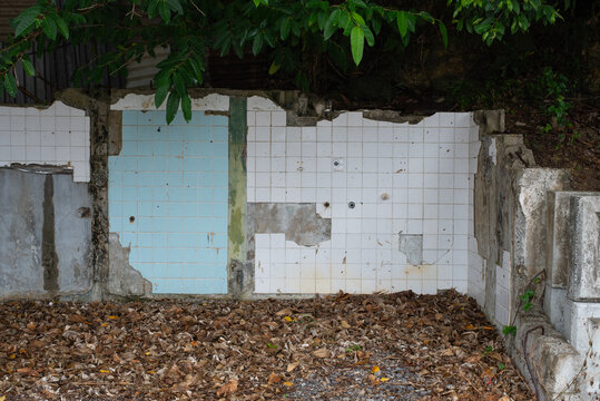雨で湿る解体された住居の残されたタイルの壁