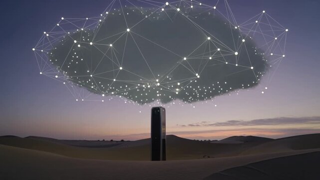 Futuristic black monolith in a desert landscape connects to a digital cloud network during twilight.