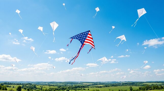 Patriotic kite soaring in the sky symbolizing freedom, optimism, celebration, and the American spirit.
