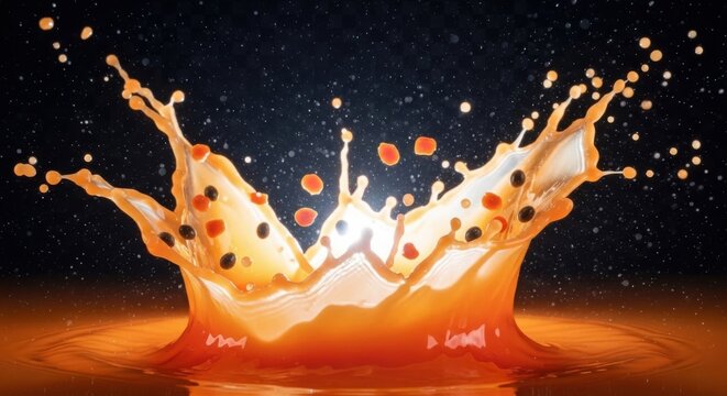 Dynamic orange liquid splash with small black particles exploding against a dark starry background.
