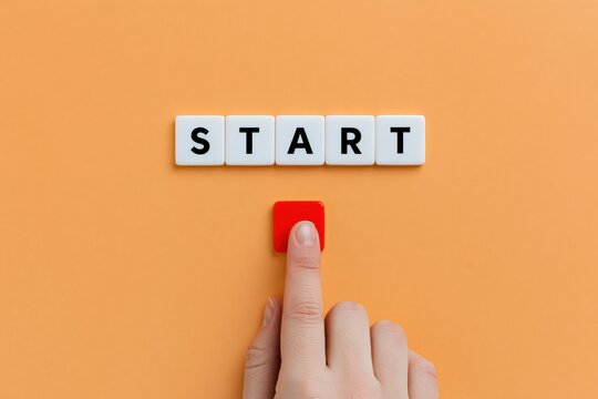 Start button push action begin finger press concept beginning