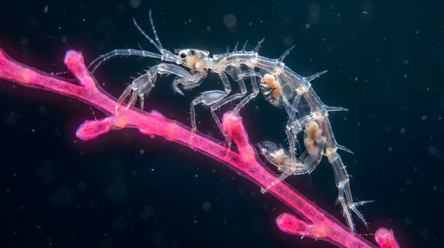 Ultra detailed macro shot of skeleton shrimp skeleton caprellidae on red sea fan