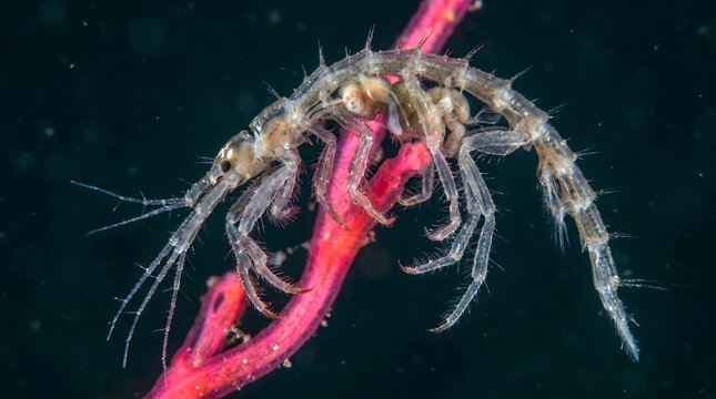 Skeleton shrimp caprellidae grasping a bright red coral branch underwater