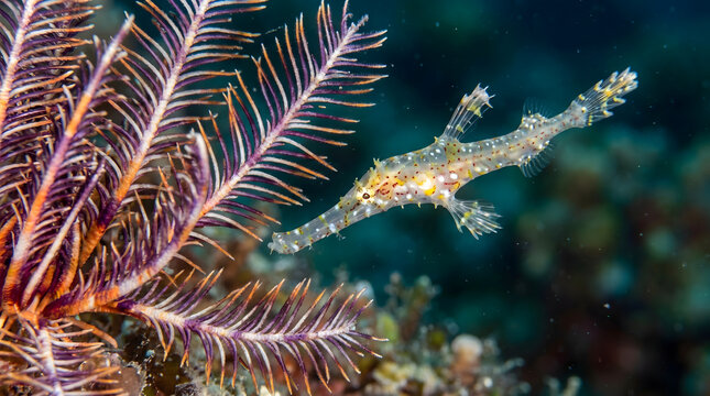 Detailed portrait of a ghost pipefish camouflaged in colorful marine crinoid