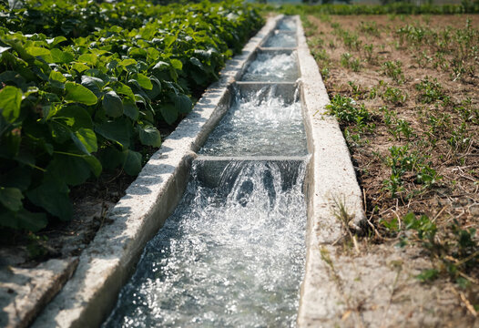 A concrete irrigation canal flowing with clear water through a green agricultural field, showing the water channel system for crop farming