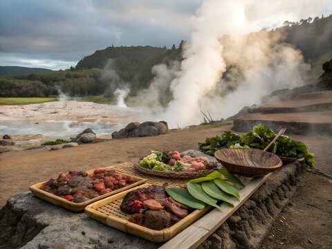 Traditional Maori Hangi Feast, Earth Oven Cooked Meat and Vegetables, Pohutu Geyser, Rotorua Geothermal, Steam Vents, New Zealand
