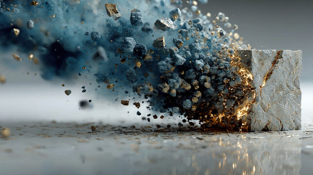 Transformation visualized through objects disintegrating or merging, surreal minimalism, abstract visualization, dynamic motion, floating fragmentation, and conceptual evolution.