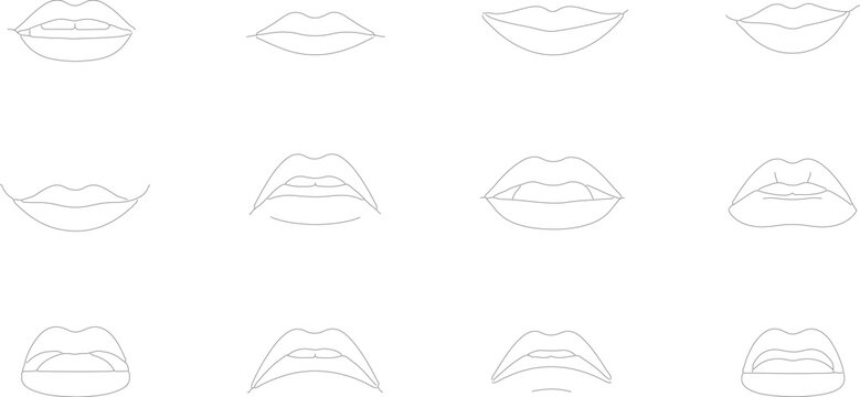 Minimalist outline icon set featuring twelve various human mouth shapes and lip expressions including smiles, open mouths, and pouting lips isolated on a clean white background.