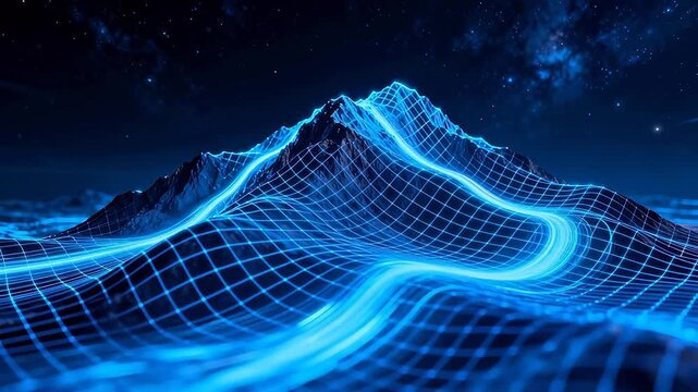 Blue glowing digital wireframe mountain with starry sky and deep space background