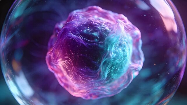 Transparent spherical structure with purple blue pink fluid strands glowing inside dark background
