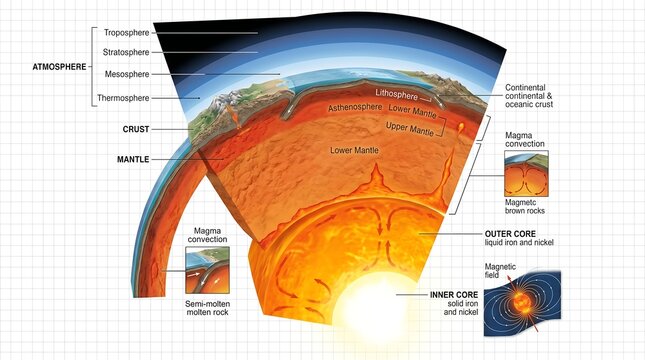Earth Internal Structure and Atmosphere Layers Cross Section Diagram