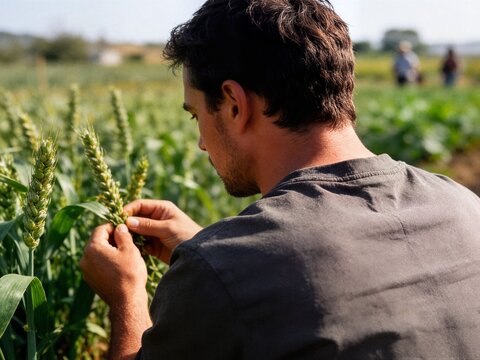 Agricultural inspector checking green wheat ears in sunny farm field ideal for agribusiness report and food production website