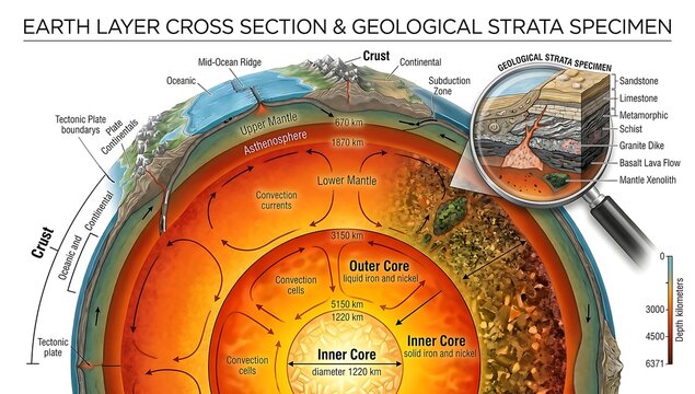 Earth Layer Cross Section and Geological Strata Infographic