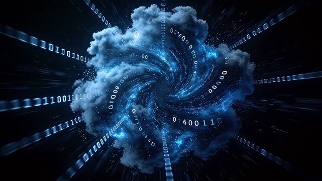Binary code vortex with blue white cloud structure