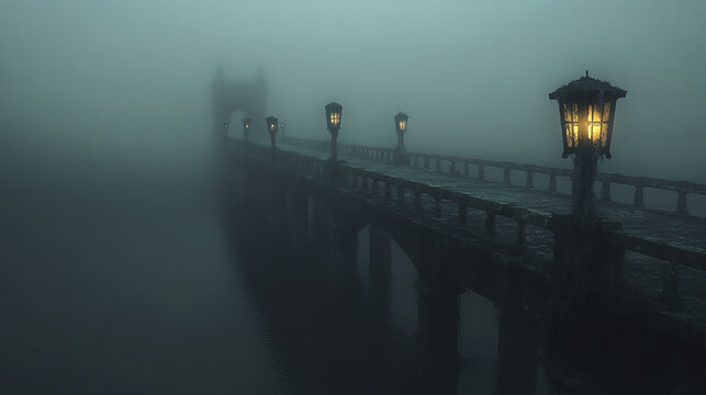 Haunted bridge stretching into fog with eerie lanterns glowing softly along wooden pathway, creating mysterious and atmospheric scene filled with suspense and quiet tension