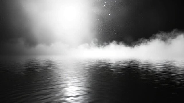 Misty Horizon: A surreal, atmospheric scene depicts a calm body of water under a dark sky, illuminated by a bright light source that casts ethereal mist across the horizon.