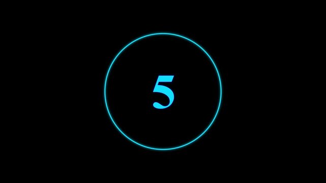 Countdown timer from 0 to5 seconds real time. Animated number 5 countdown graphic on black background with modern minimalist design