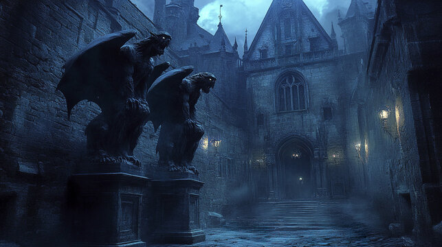 Haunted castle courtyard with eerie gargoyle statues under dark cloudy sky, old stone walls, and dim lantern light creating mysterious and spooky atmosphere