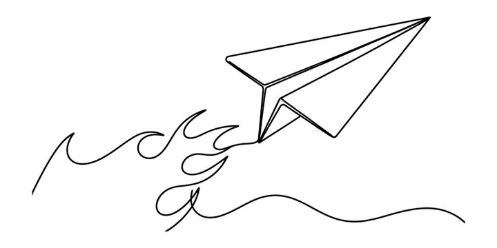 Continuous single line drawing of a paper airplane flying with dynamic flame motion trails