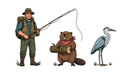 Naklejka premium Fisherman with Backpack and Fishing Rod, Beaver Holding Log, and Heron Bird Standing on Grass.