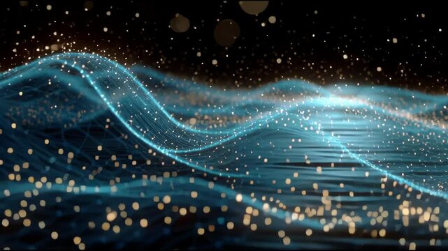 Glowing cosmic wave pattern background with dynamic energy flow and particle trails