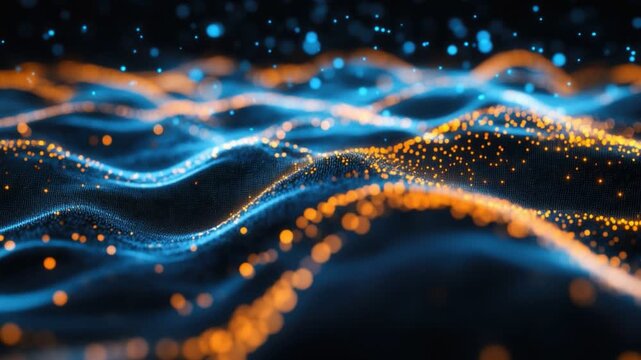 Abstract Digital Wave: An abstract digital visualization showcasing flowing waves of blue and orange light particles, evoking a sense of dynamic energy and technological advancement.