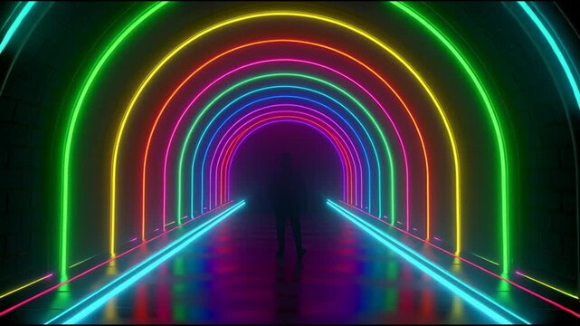 Neon abstract tunnel portal archway glowing futuristic pathway light background