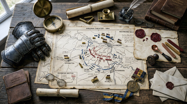 Flat lay of a historical war room desk featuring a vintage battle map with tactical markers, armor gauntlets, and antique military artifacts.